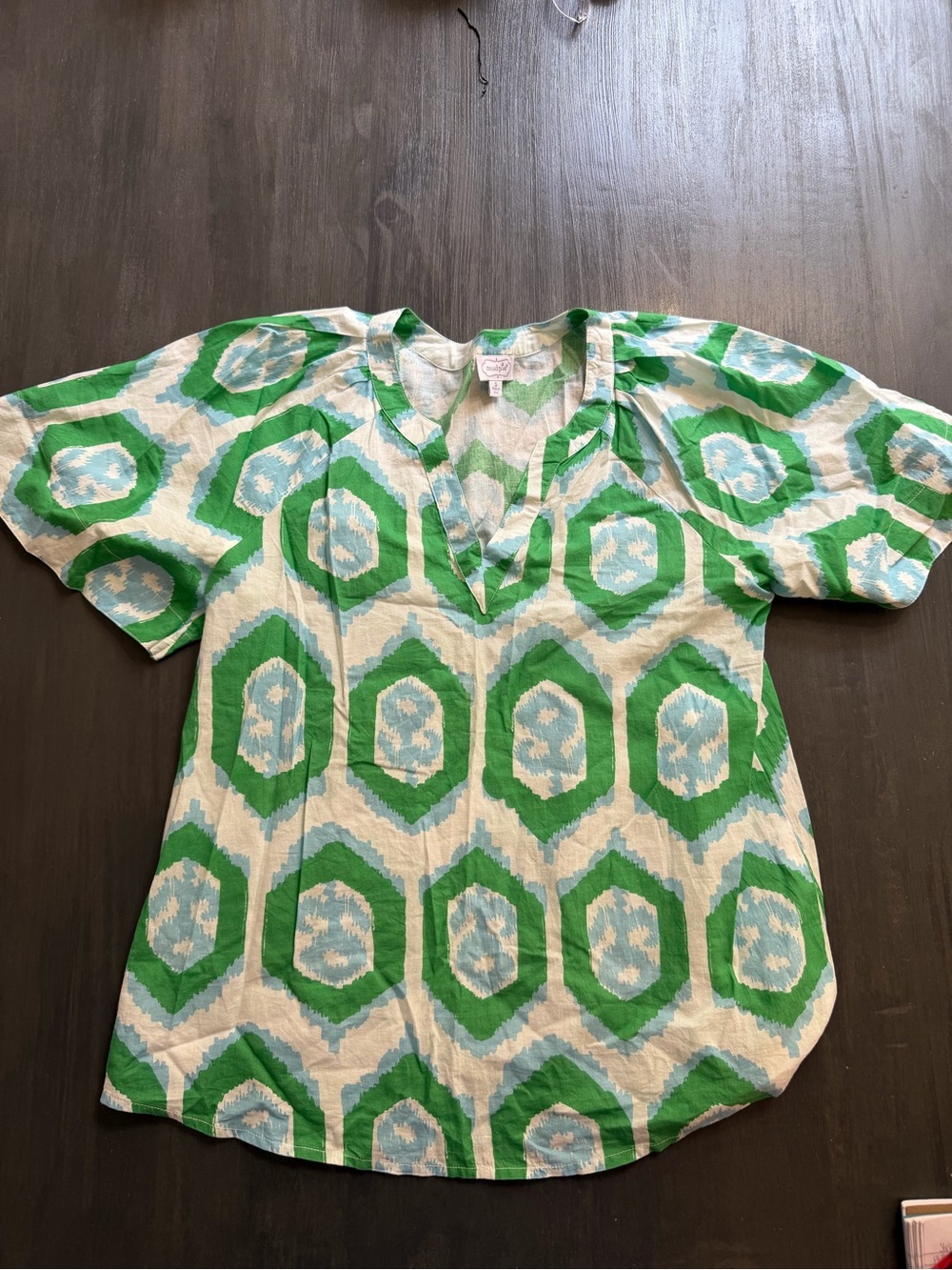 Mud Pie Green Blue Ikat Print Tunic Blouse Women’s Small V-Neck Short Sleeve